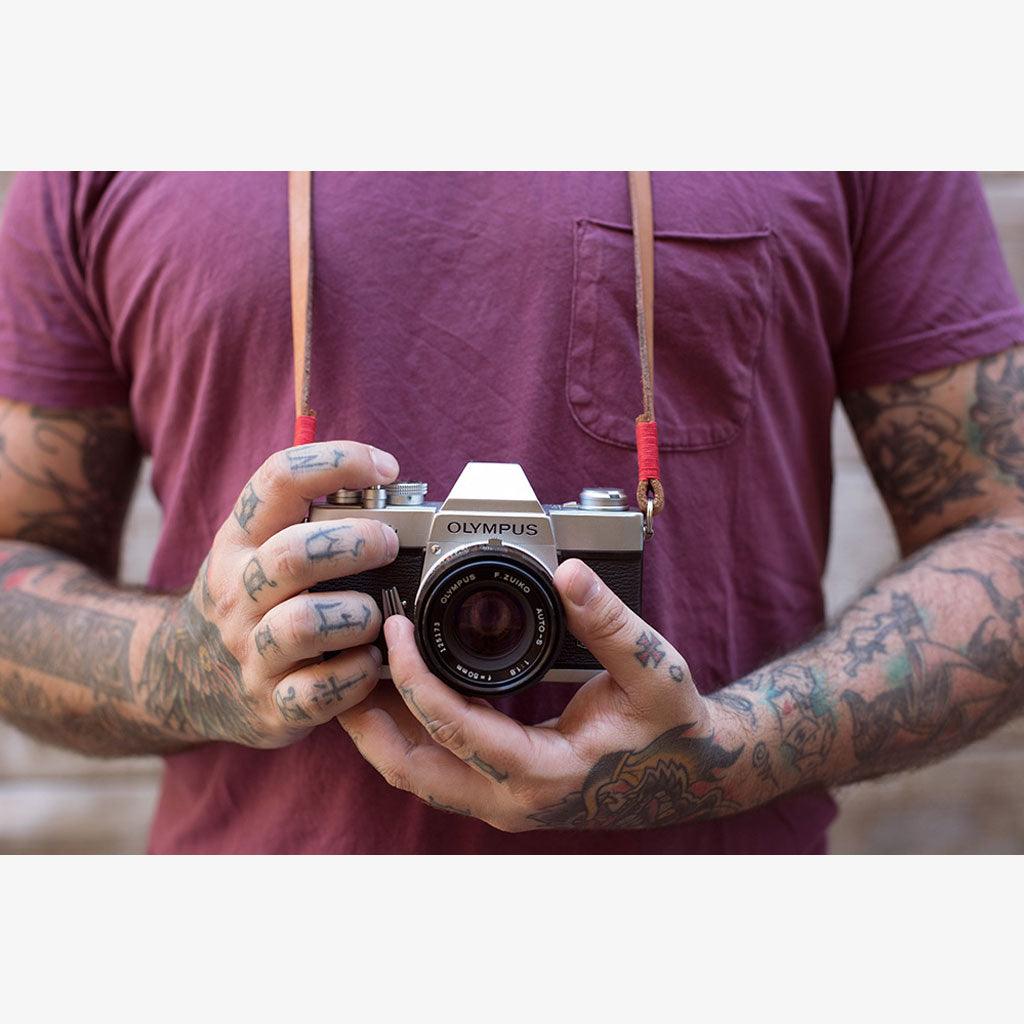 Tokyo #103 - Tanned & Red leather camera strap - Handmade Bronkey Premium Goods ®