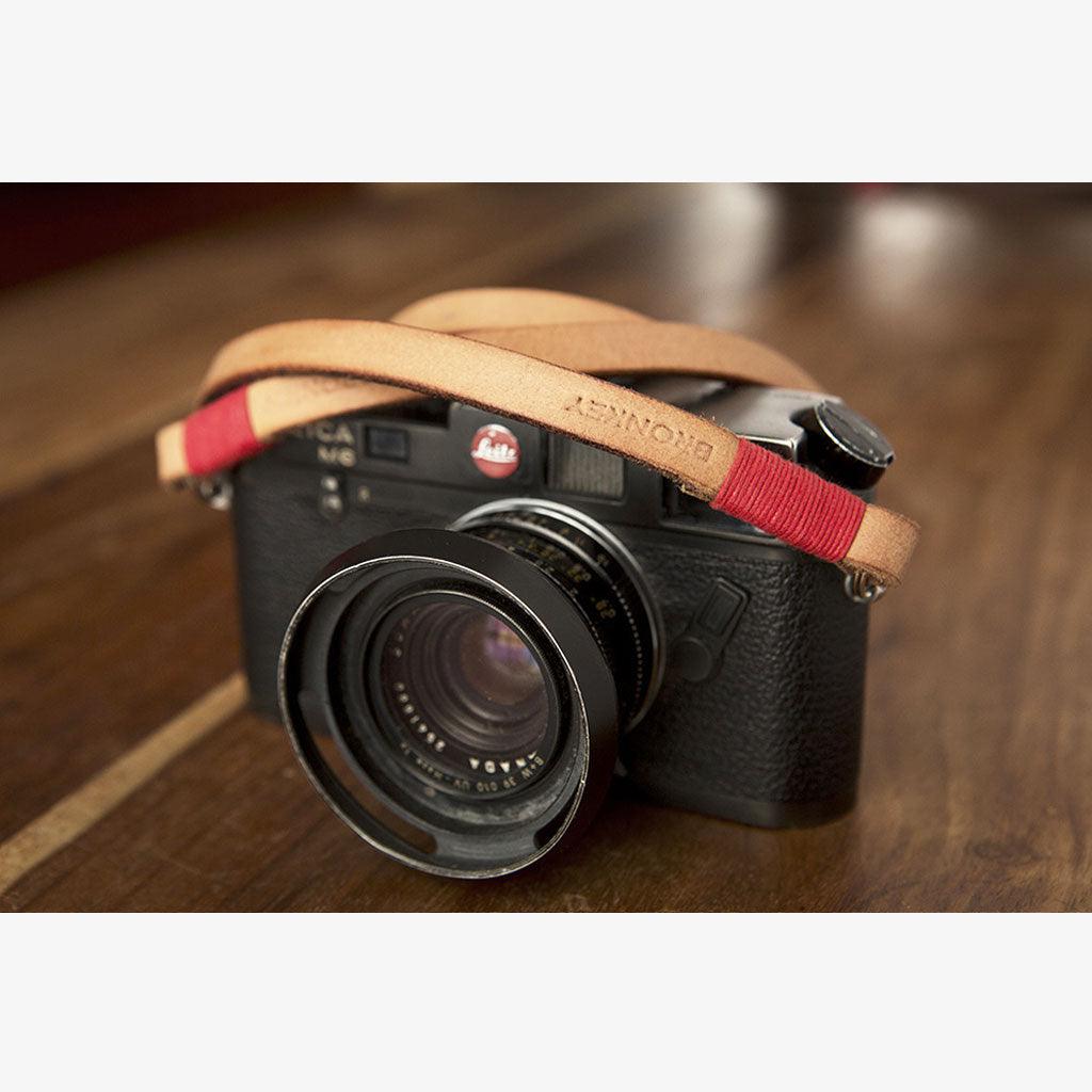 Tokyo #103 - Tanned & Red leather camera strap - Handmade Bronkey Premium Goods ®